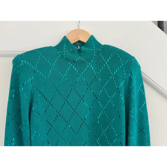 READ St John Evening Mock Neck Knit Midi Dress Women Size 6 Teal Y2K Glam Event - Picture 9 of 16